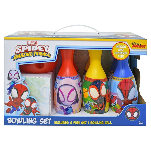 The Disney Marvel Spidey and His Amazing Friends Bowling Set for Kids includes 6 colorful pins and a ball, designed for children ages 2+ to help develop hand-eye coordination through fun play.